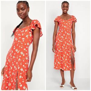 Old Navy Red Floral Midi Dress Sweetheart Flutter Sleeve Boho Cottage XL